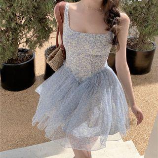 Square-neck Floral Mesh A-line Mini Dress