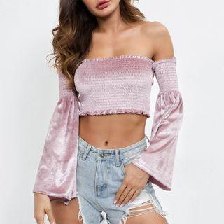 Off-shoulder Flared-sleeve Crop Top