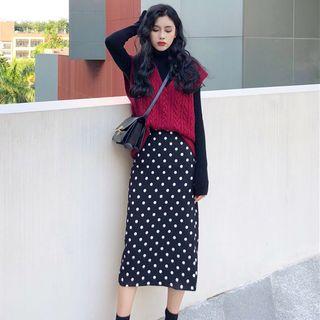Knit Vest / Mock Neck Knit Top / Midi Skirt