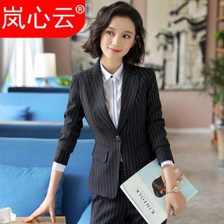 Pinstripe Long-sleeve Blouse / Blazer / Pants / Midi Skirt Set