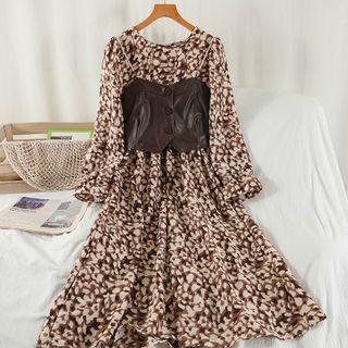 Set: Long-sleeve Printed Midi A-line Dress + Button-up Camisole Top