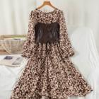 Set: Long-sleeve Printed Midi A-line Dress + Button-up Camisole Top