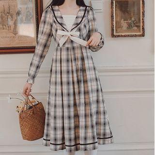 Long-sleeve Plaid Sailor-collar Midi Dress