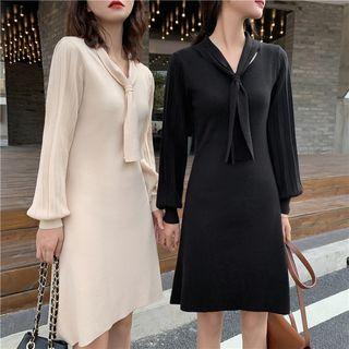 Long-sleeve Tie Neck Plain Knit Dress