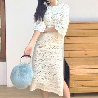 Slit Side Elbow-sleeve Pointelle Knit Dress