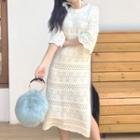 Slit Side Elbow-sleeve Pointelle Knit Dress