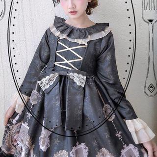 Print Lace Up Long-sleeve Dress