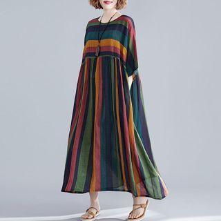 Elbow-sleeve Striped A-line Midi Dress Mutlicolor - One Size