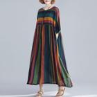 Elbow-sleeve Striped A-line Midi Dress Mutlicolor - One Size