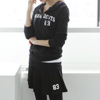 Set: Letter Print Zip-up Hoodie + Insert Skirt Leggings