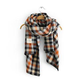 Lettering Patch Check Knit Scarf Tangerine - One Size