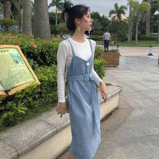 Long-sleeve T-shirt / Spaghetti Strap Midi Denim Dress