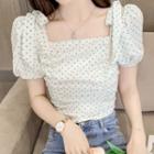 Puff-sleeve Square-neck Tie-strap Polka Dot Ruched Chiffon Shirt