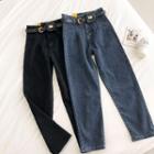 Plain High-waist Straight-cut Cropped Jeans With Belt