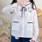 Sailor Collar Embroidered Shirt White - One Size