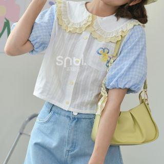 Puff-sleeve Flower Print Lace Trim Shirt