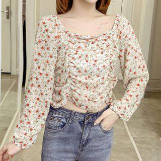 Long-sleeve Floral Print Crinkled Top