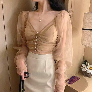V-neck Long-sleeve Mesh Top / Plain High-waist Skirt