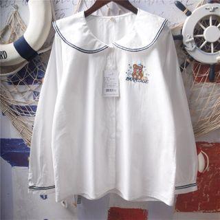 Long-sleeve Embroidered Sailor Collar Blouse White - One Size