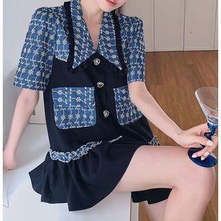 Short-sleeve Embroidered Panel A-line Dress Blue - One Size