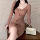 Long-sleeve Button-up Mini Bodycon Dress Coffee - One Size