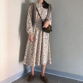 Long-sleeve Floral Print Midi A-line Dress Beige - One Size