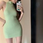 Sleeveless Turtleneck Mini Sheath Dress Green - One Size