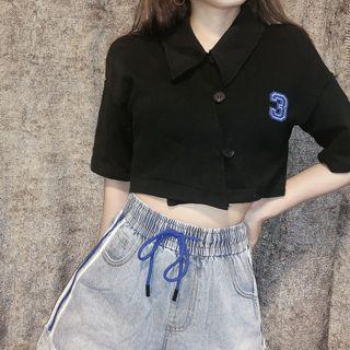 Embroidered Button-side Polo Collar Cropped Top
