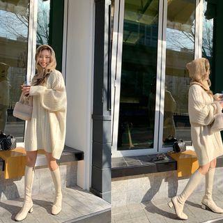 Raglan-sleeve Cable-knit Sweater Dress Cream - One Size