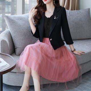 Set: 3/4-sleeve Blazer + Sleeveless A-line Midi Dress