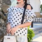 Elbow-sleeve Cold Shoulder Dotted Top