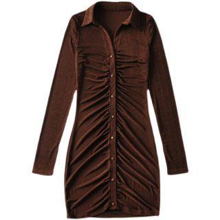 Long-sleeve Collared Shirred Mini Sheath Dress
