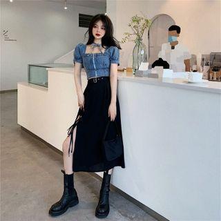 Puff-sleeve Denim Top / Midi Skirt