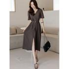 Puff-sleeve Slit-front Long Dress With Belt