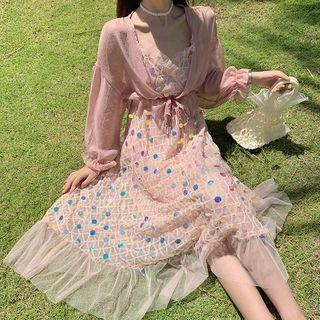 Spaghetti Strap Sequined Mesh Midi A-line Dress / Tie-front Cropped Jacket / Set