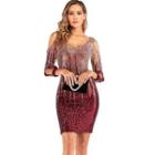 Long-sleeve Cold-shoulder Two-tone Sequined Sheath Dress