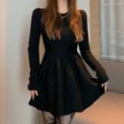 Long-sleeve Knit Mini A-line Dress Black - One Size