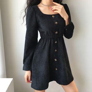 Square Neck Long Sleeve Button-down Mini Dress