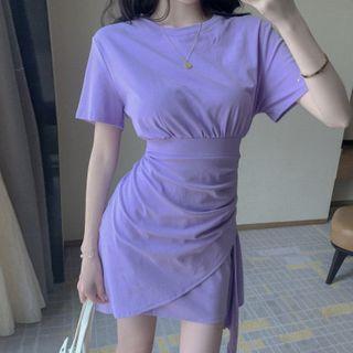 Short-sleeve Asymmetric Plain Knit T-shirt Dress Purple - One Size