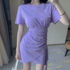 Short-sleeve Asymmetric Plain Knit T-shirt Dress Purple - One Size