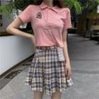 Set: Short-sleeve Polo Shirt + Plaid Mini A-line Skirt