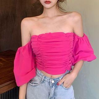 Puff-sleeve Off-shoulder Ruched Crop Top