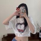 Short Sleeve Printed Crop Top White - One Size