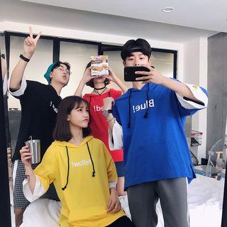 Couple Matching Lettering 3/4 Sleeve Hooded T-shirt