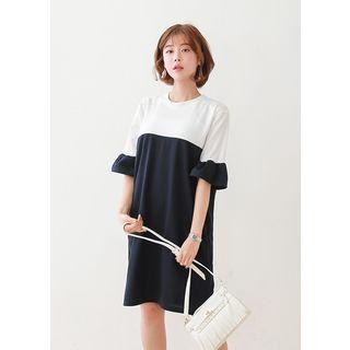 Frill-cuff Two-tone Shift Dress