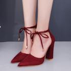 Faux Suede Pointed Ribbon Chunky Heel Sandals