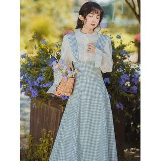 Set: Ruffle Trim Blouse + Plaid Midi Overall Dress