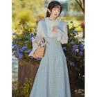 Set: Ruffle Trim Blouse + Plaid Midi Overall Dress