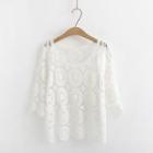 Elbow-sleeve See-through Lace Top White - One Size
