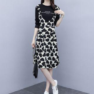 Long-sleeve Mock Two-piece Print A-line Dress